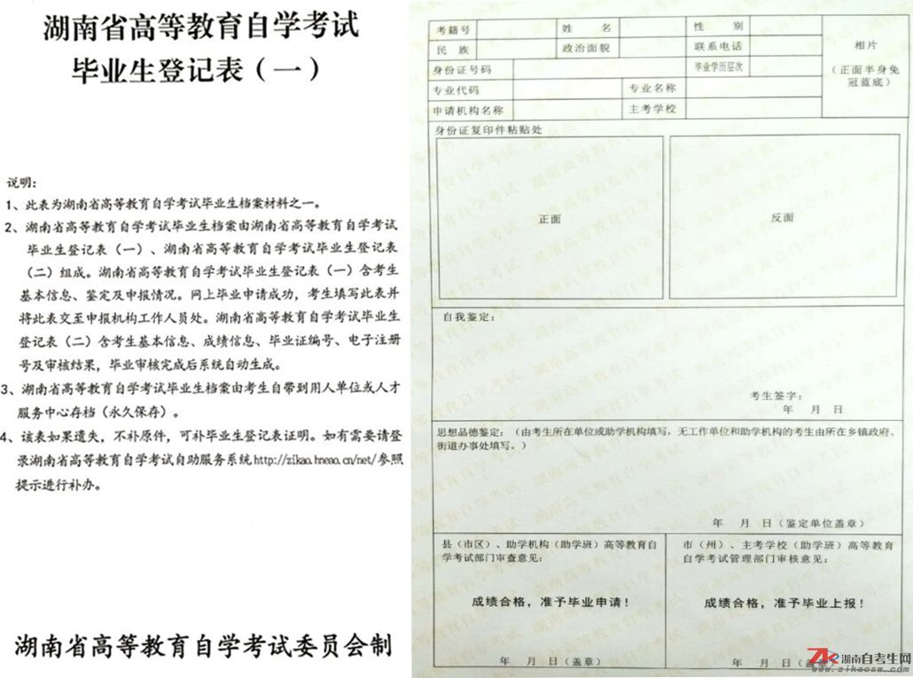 湖南省高等教育自学考试毕业生登记表（一）